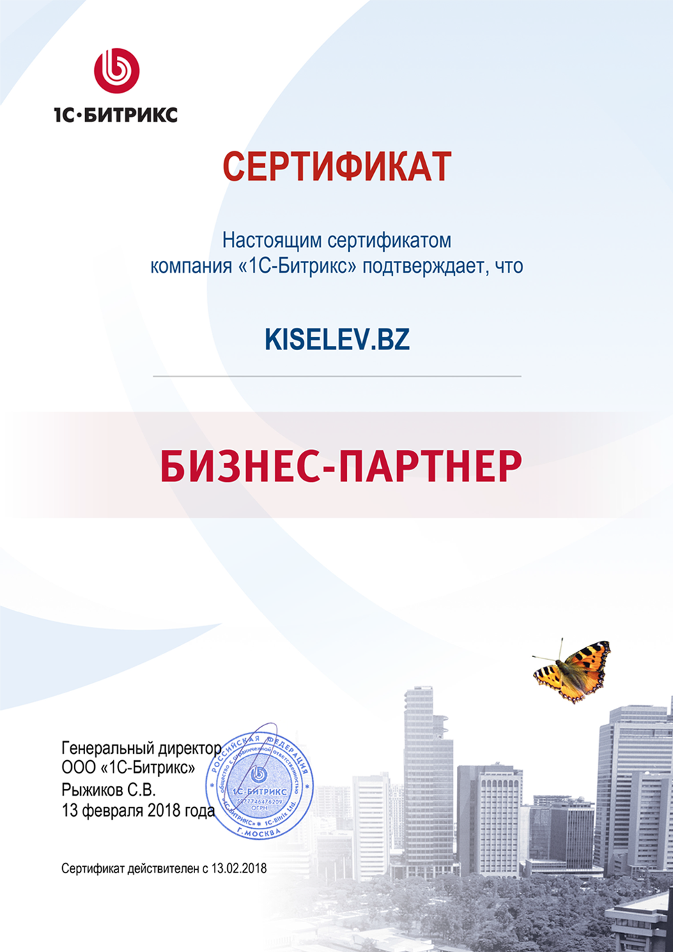 Сертификат партнёра по СРМ системам в Похвистнево